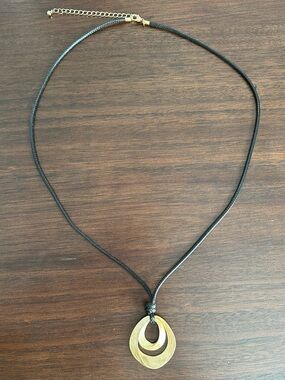 Black Leather Cord Necklace Gold Tone Double Teardrop Pendant with Extender